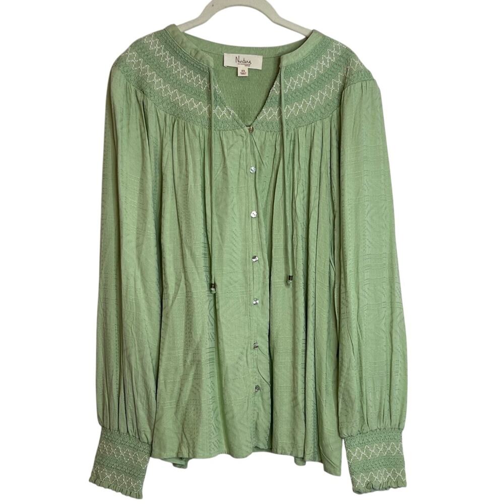 Nurture by Westbound Womens Blouse 2X Green Smocked Yoke Textured Rayon NEW